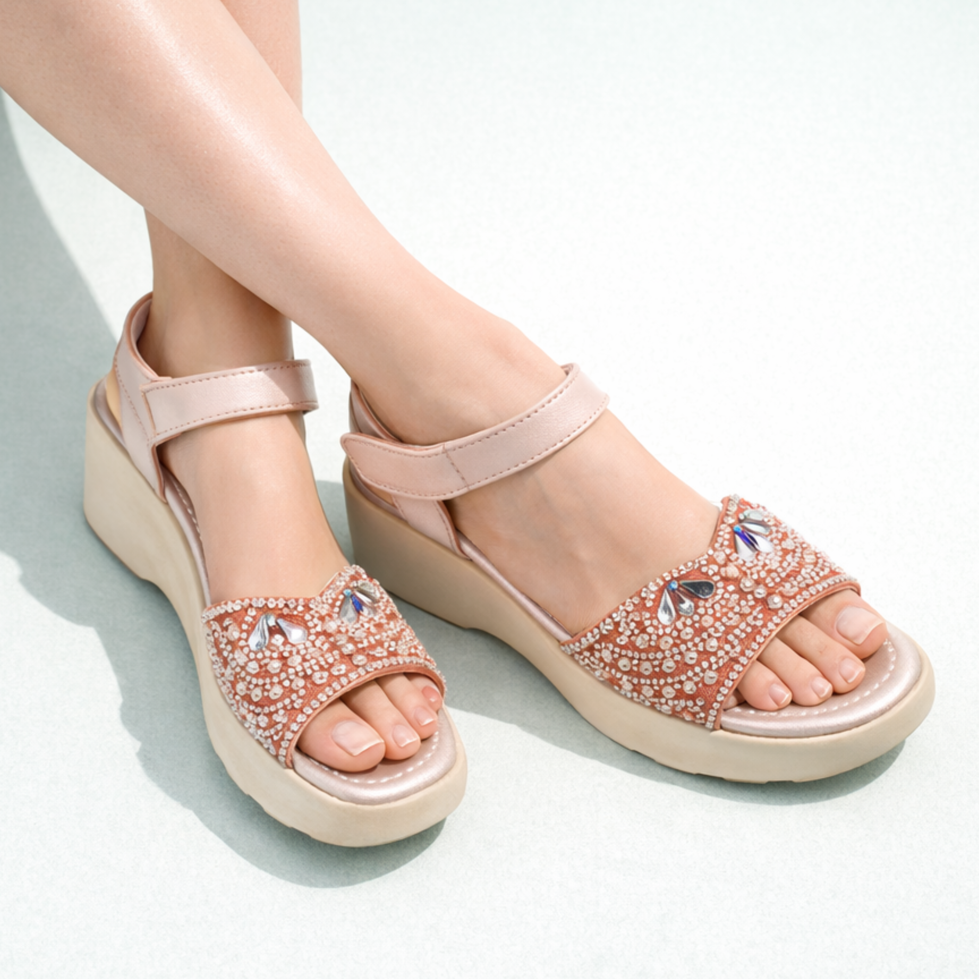 Girls Party Wear Sandals for Kids | Embellished Front Strap with Ankle Strap | Comfortable Wedge Heel | Stylish & Secure Fit | Rose Gold Peach | Size 13 UK