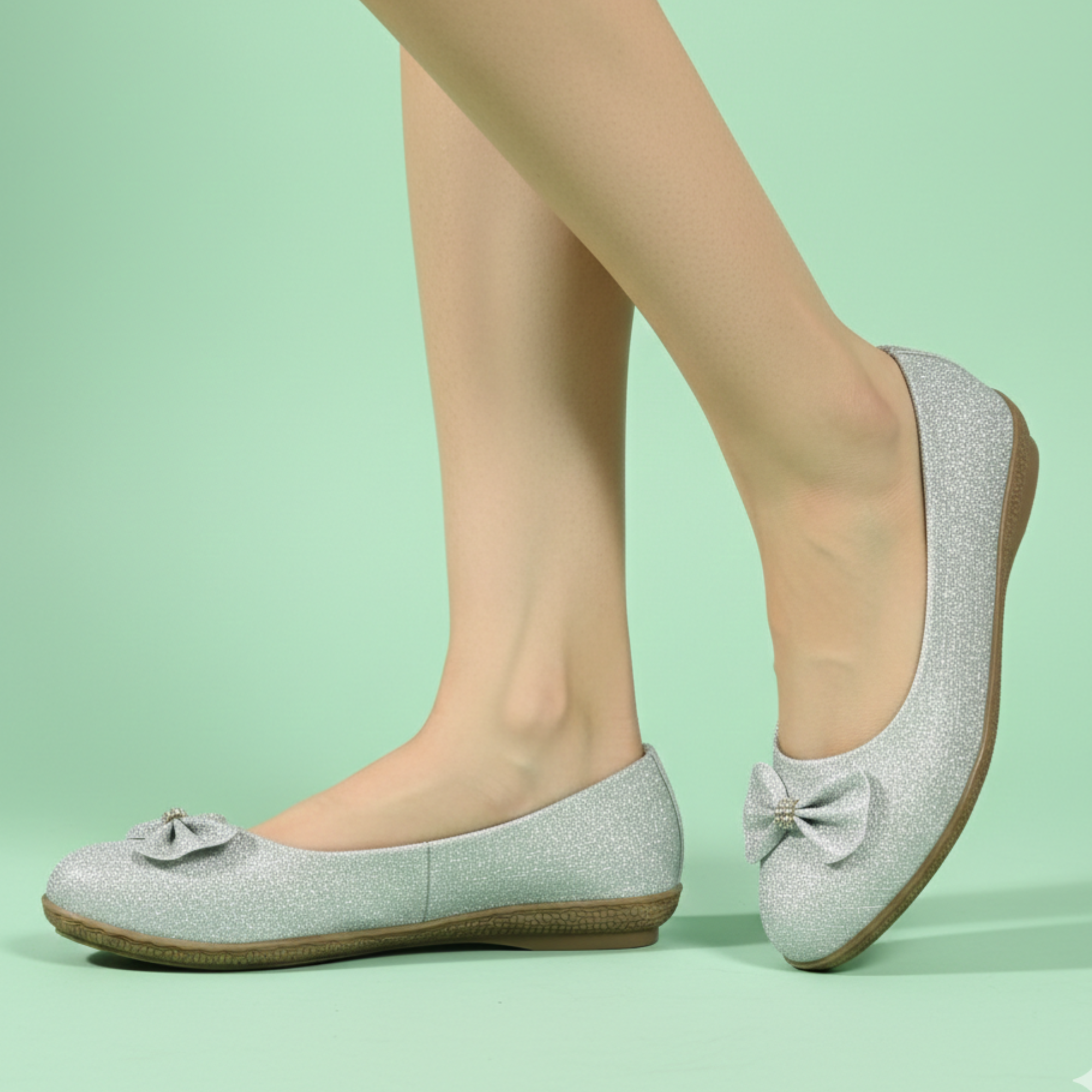 Girls Party Wear Bellies for Kids | Glitter Finish with Bow Detail | Comfortable Flat Sole | Easy Slip-On Fit | Ice Silver | Size 13 UK